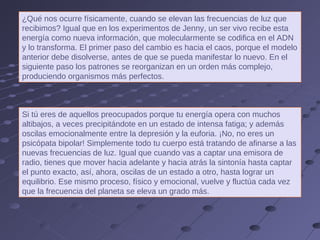 ¿Qué nos ocurre físicamente, cuando se elevan las frecuencias de luz que recibimos? Igual que en los experimentos de Jenny, un ser vivo recibe esta energía como nueva información, que molecularmente se codifica en el ADN y lo transforma. El primer paso del cambio es hacia el caos, porque el modelo anterior debe disolverse, antes de que se pueda manifestar lo nuevo. En el siguiente paso los patrones se reorganizan en un orden más complejo, produciendo organismos más perfectos. Si tú eres de aquellos preocupados porque tu energía opera con muchos altibajos, a veces precipitándote en un estado de intensa fatiga; y además oscilas emocionalmente entre la depresión y la euforia. ¡No, no eres un psicópata bipolar! Simplemente todo tu cuerpo está tratando de afinarse a las nuevas frecuencias de luz. Igual que cuando vas a captar una emisora de radio, tienes que mover hacia adelante y hacia atrás la sintonía hasta captar el punto exacto, así, ahora, oscilas de un estado a otro, hasta lograr un equilibrio. Ese mismo proceso, físico y emocional, vuelve y fluctúa cada vez que la frecuencia del planeta se eleva un grado más. 