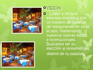 VISION:
› Llegar a ser una
 empresa elite local con
 un número de cadenas
 de restaurantes en todo
 el país. Fomentando
 nuestros valores éticos
 e institucionales.
 Buscamos ser su
 elección al momento del
 deleite de tu paladar.
 