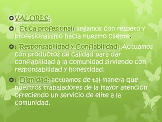 VALORES:
› Ética profesional: llegamos con respeto y
 profesionalismo hacia nuestro cliente.
› Responsabilidad y Confiabilidad: Actuamos
 con productos de calidad para dar
 confiabilidad a la comunidad sirviendo con
 responsabilidad y honestidad.
› Dignidad: actuamos de tal manera que
 nuestros trabajadores de la mayor atención
 ofreciendo un servicio de elite a la
 comunidad.
 