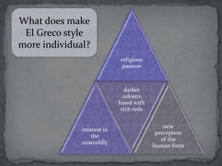 religious
passion
interest in
the
unworldly
darker
colours
fused with
rich reds
new
perception
of the
human form
What does make
El Greco style
more individual?
 
