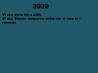                 2020 Vi ska sluta köra elbil. Vi ska Släcka lamporna alltid när vi inte är i    rummet.