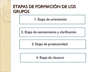 ETAPAS DE FORMACIÓN DE LOS GRUPOS 2. Etapa de asentamiento y clarificación 3. Etapa de productividad 4. Etapa de clausura ...