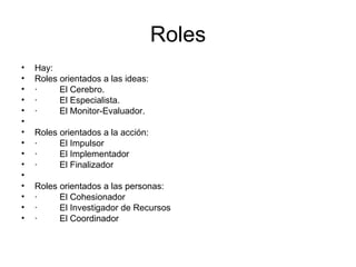 Roles Hay: Roles orientados a las ideas: ·         El Cerebro. ·         El Especialista. ·         El Monitor-Evaluador.   Roles orientados a la acción: ·         El Impulsor ·         El Implementador ·         El Finalizador   Roles orientados a las personas: ·         El Cohesionador ·         El Investigador de Recursos ·         El Coordinador 