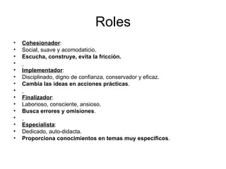 Roles Cohesionador : Social, suave y acomodaticio. Escucha, construye, evita la fricción.   Implementador : Disciplinado, digno de confianza, conservador y eficaz. Cambia las ideas en acciones prácticas .   Finalizador : Laborioso, consciente, ansioso. Busca errores y omisiones .   Especialista : Dedicado, auto-didacta. Proporciona conocimientos en temas muy específicos . 