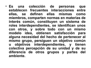 Es una colección de personas que establecen frecuentes interacciones entre ellas, se definen ellas mismas como miembros, comparten normas en materias de interés común, constituyen un sistema de roles interdependientes, se identifican unos con otros, y sobre todo con un mismo modelo idea, obtienen satisfacción para alguna necesidad del hecho de pertenecer al mismo grupo, persiguen un objetivo común u objetivos interdependientes, y tienen colectiva percepción de su unidad y de su diferencia de otros grupos y partes del ambiente. 