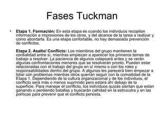 Fases Tuckman Etapa 1. Formación:  En esta etapa es cuando los individuos recopilan información e impresiones de los otros, y del alcance de la tarea a realizar y como abordarla. Es una etapa confortable, no hay demasiada prevención de conflictos. Etapa 2. Asalto/ Conflicto:  Los miembros del grupo mantienen la cordialidad entre sí, mientras empiezan a aparecer los primeros temas de trabajo a resolver. La paciencia de algunos colapsará antes y se verán algunas confrontaciones menores que se resolverán pronto. Pueden estar relacionadas con el trabajo del grupo en sí mismo o con los roles y responsabilidades dentro del grupo. A algunos les parecerá bien empezar a lidiar con problemas mientras otros querrán seguir con la comodidad de la Etapa 1. Dependiendo de la cultura organizacional y de los individuos, el conflicto será más o menos suprimido pero estará ahí debajo de la superficie. Para manejar el conflicto, los individuos quizás sientan que estan ganando o perdiendo batallas y buscarán calridad en la estrucutra y en las políticas para prevenir que el conflicto persista. 