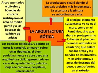 Arcos apuntados
u ojivales y
bóvedas de
crucería
sustituyeron al
arco de medio
punto y a las
bóvedas de
cañón y de
aristas

La arquitectura siguió siendo el
lenguaje artístico más importante .
La escultura y la pintura
se subordinaron a ella.

LA ARQUITECTURA
GÓTICA

Los edificios religiosos, y dentro de
estos la catedral, primaron sobre
otras tipologías, si bien,
paulatinamente se abre paso una
arquitectura civil, representada en
casas de ayuntamiento, palacios,
lonjas de comercio, hospitales,
universidades.

El principal elemento
sustentante ya no es el
muro, como en el
Románico, sino que
ahora el protagonismo
lo tienen el pilar con
columnas adosadas en
el interior, que enlaza
con los arcos y los
nervios de las bóvedas,
y los arbotantes, o
arcos de descarga del
peso, y contrafuertes
en el exterior

 