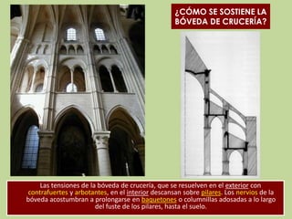 ¿CÓMO SE SOSTIENE LA
BÓVEDA DE CRUCERÍA?

Las tensiones de la bóveda de crucería, que se resuelven en el exterior con
contrafuertes y arbotantes, en el interior descansan sobre pilares. Los nervios de la
bóveda acostumbran a prolongarse en baquetones o columnillas adosadas a lo largo
del fuste de los pilares, hasta el suelo.

 