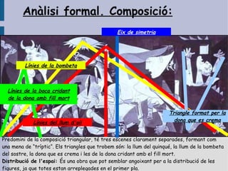 Anàlisi formal. Composició:
                                                 Eix de simetria




         Línies de la bombeta



  Línies de la boca cridant
  de la dona amb fill mort

                                                                       Triangle format per la
             Línies del llum d'oli                                       dona que es crema


Predomini de la composició triangular, té tres escenes clarament separades, formant com
una mena de “tríptic“. Els triangles que trobem són: la llum del quinqué, la llum de la bombeta
del sostre, la dona que es crema i les de la dona cridant amb el fill mort.
Distribució de l'espai: És una obra que pot semblar angoixant per a la distribució de les
figures, ja que totes estan arreplegades en el primer pla.
 