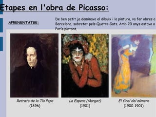 Etapes en l'obra de Picasso:
                              De ben petit ja dominava el dibuix i la pintura, va fer obres a
  APRENENTATGE:               Barcelona, sobretot pels Quatre Gats. Amb 23 anys estava a
                              París pintant.




     Retrato de la Tía Pepa           La Espera (Margot)             El final del número
            (1896)                          (1901)                       (1900-1901)
 