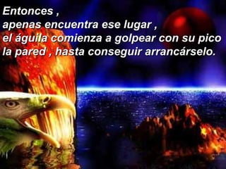 Entonces ,  apenas encuentra ese lugar ,  el águila comienza a golpear con su pico la pared , hasta conseguir arrancárselo. 