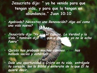 Jesucristo dijo: “  yo he venido para que tengan vida, y para que la tengan en abundancia.” Juan 10:10 Agobiado? Necesitas una Renovación? Algo así como una vida nueva? Jesucristo dijo “Yo soy el Camino, La Verdad y la Vida.” también dijo “  el  que a mi viene yo no le echo fuera” Quizás has probado muchos caminos  y los  has hallado vacíos y estériles. Dale una oportunidad a Cristo en tu vida, entrégale tu corazón, lee la Biblia y enterate de lo que El te quiere decir. 