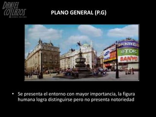PLANO GENERAL (P.G)




• Se presenta el entorno con mayor importancia, la figura
  humana logra distinguirse pero no pres...