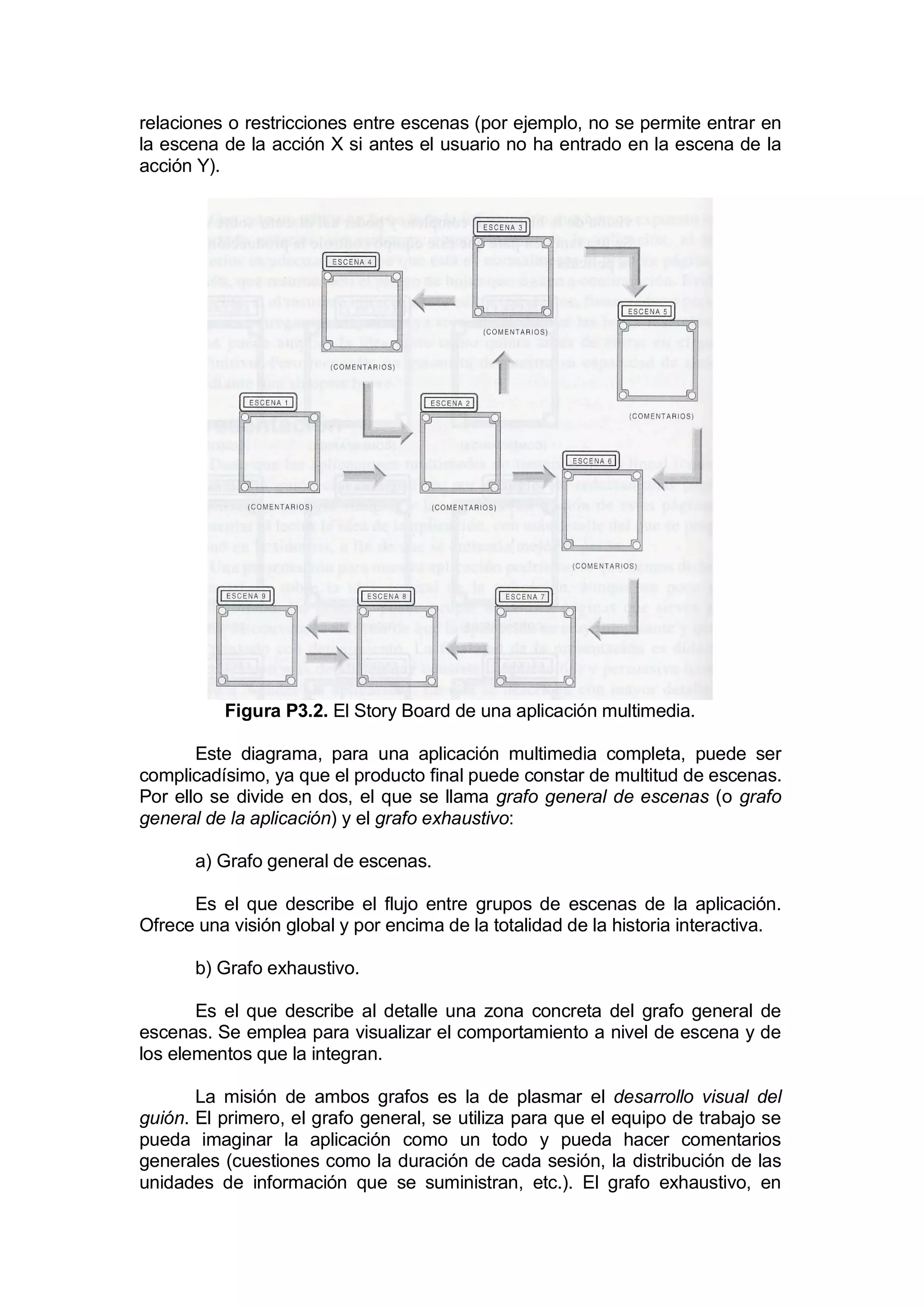 relaciones o restricciones entre escenas (por ejemplo, no se permite entrar en
la escena de la acción X si antes el usuario no ha entrado en la escena de la
acción Y).




          Figura P3.2. El Story Board de una aplicación multimedia.

       Este diagrama, para una aplicación multimedia completa, puede ser
complicadísimo, ya que el producto final puede constar de multitud de escenas.
Por ello se divide en dos, el que se llama grafo general de escenas (o grafo
general de la aplicación) y el grafo exhaustivo:

       a) Grafo general de escenas.

      Es el que describe el flujo entre grupos de escenas de la aplicación.
Ofrece una visión global y por encima de la totalidad de la historia interactiva.

       b) Grafo exhaustivo.

       Es el que describe al detalle una zona concreta del grafo general de
escenas. Se emplea para visualizar el comportamiento a nivel de escena y de
los elementos que la integran.

       La misión de ambos grafos es la de plasmar el desarrollo visual del
guión. El primero, el grafo general, se utiliza para que el equipo de trabajo se
pueda imaginar la aplicación como un todo y pueda hacer comentarios
generales (cuestiones como la duración de cada sesión, la distribución de las
unidades de información que se suministran, etc.). El grafo exhaustivo, en
 