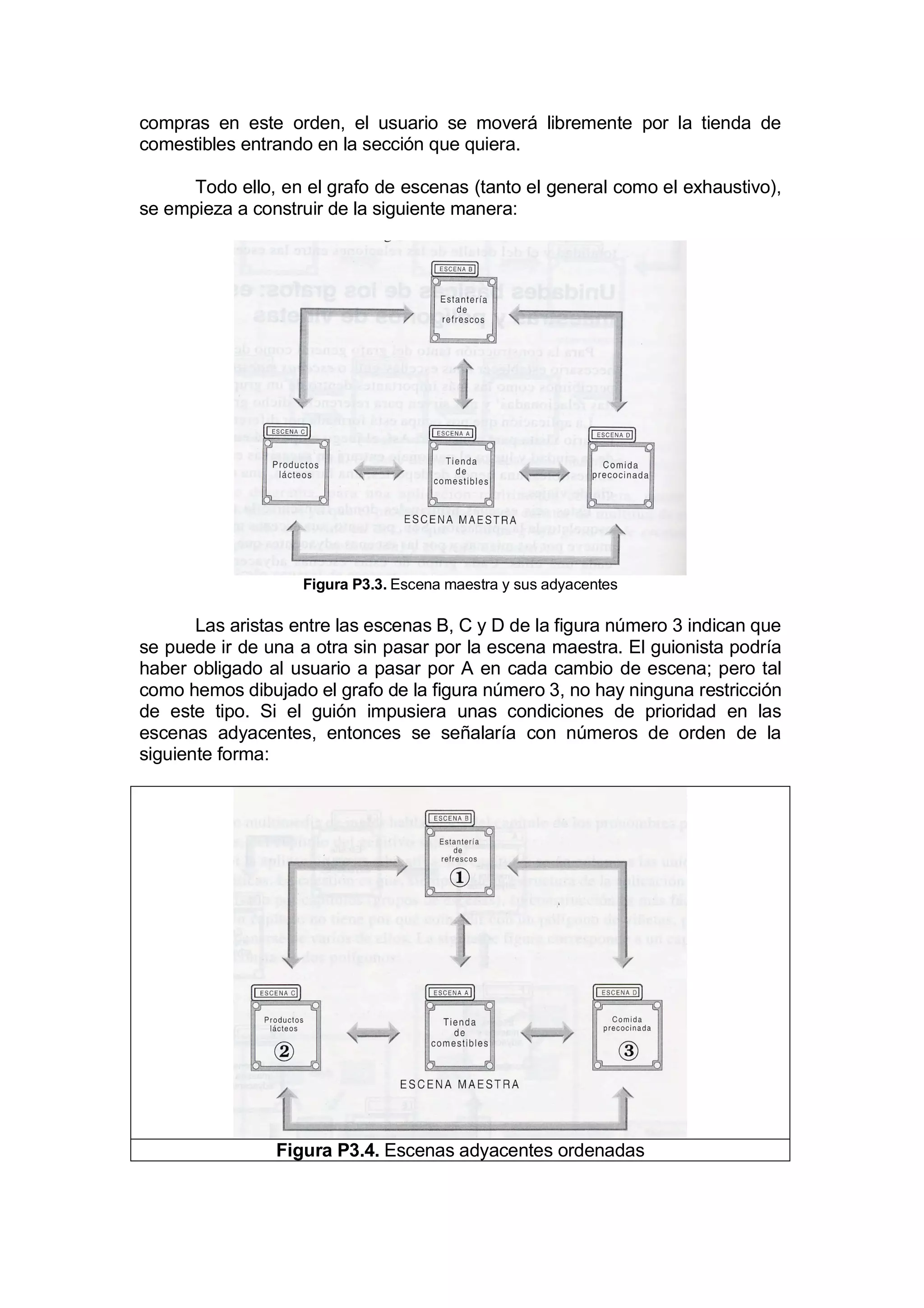 compras en este orden, el usuario se moverá libremente por la tienda de
comestibles entrando en la sección que quiera.

      Todo ello, en el grafo de escenas (tanto el general como el exhaustivo),
se empieza a construir de la siguiente manera:




                    Figura P3.3. Escena maestra y sus adyacentes

       Las aristas entre las escenas B, C y D de la figura número 3 indican que
se puede ir de una a otra sin pasar por la escena maestra. El guionista podría
haber obligado al usuario a pasar por A en cada cambio de escena; pero tal
como hemos dibujado el grafo de la figura número 3, no hay ninguna restricción
de este tipo. Si el guión impusiera unas condiciones de prioridad en las
escenas adyacentes, entonces se señalaría con números de orden de la
siguiente forma:




                Figura P3.4. Escenas adyacentes ordenadas
 