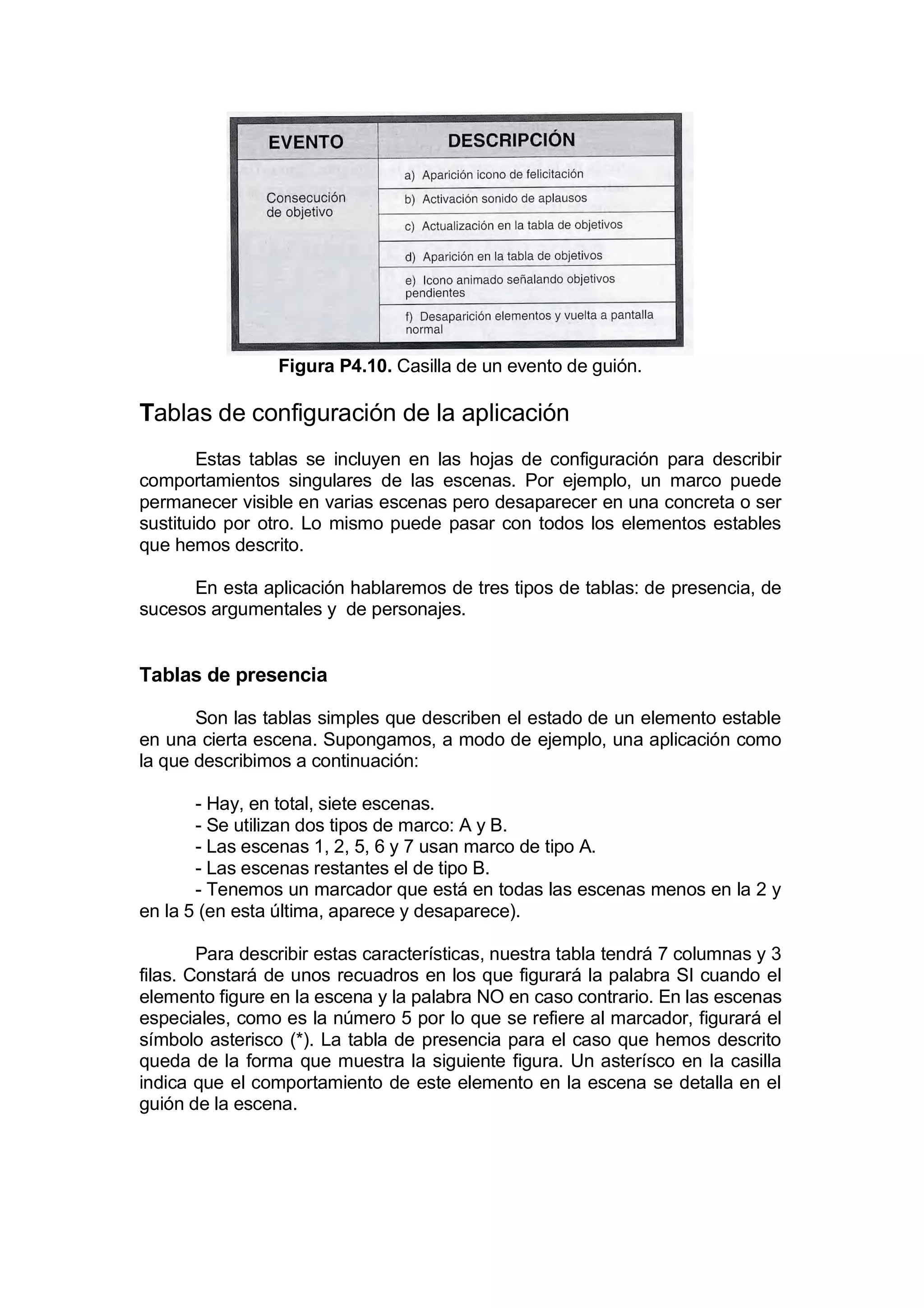 Figura P4.10. Casilla de un evento de guión.

Tablas de configuración de la aplicación
        Estas tablas se incluyen en las hojas de configuración para describir
comportamientos singulares de las escenas. Por ejemplo, un marco puede
permanecer visible en varias escenas pero desaparecer en una concreta o ser
sustituido por otro. Lo mismo puede pasar con todos los elementos estables
que hemos descrito.

      En esta aplicación hablaremos de tres tipos de tablas: de presencia, de
sucesos argumentales y de personajes.


Tablas de presencia

       Son las tablas simples que describen el estado de un elemento estable
en una cierta escena. Supongamos, a modo de ejemplo, una aplicación como
la que describimos a continuación:

       - Hay, en total, siete escenas.
       - Se utilizan dos tipos de marco: A y B.
       - Las escenas 1, 2, 5, 6 y 7 usan marco de tipo A.
       - Las escenas restantes el de tipo B.
       - Tenemos un marcador que está en todas las escenas menos en la 2 y
en la 5 (en esta última, aparece y desaparece).

        Para describir estas características, nuestra tabla tendrá 7 columnas y 3
filas. Constará de unos recuadros en los que figurará la palabra SI cuando el
elemento figure en la escena y la palabra NO en caso contrario. En las escenas
especiales, como es la número 5 por lo que se refiere al marcador, figurará el
símbolo asterisco (*). La tabla de presencia para el caso que hemos descrito
queda de la forma que muestra la siguiente figura. Un asterísco en la casilla
indica que el comportamiento de este elemento en la escena se detalla en el
guión de la escena.
 