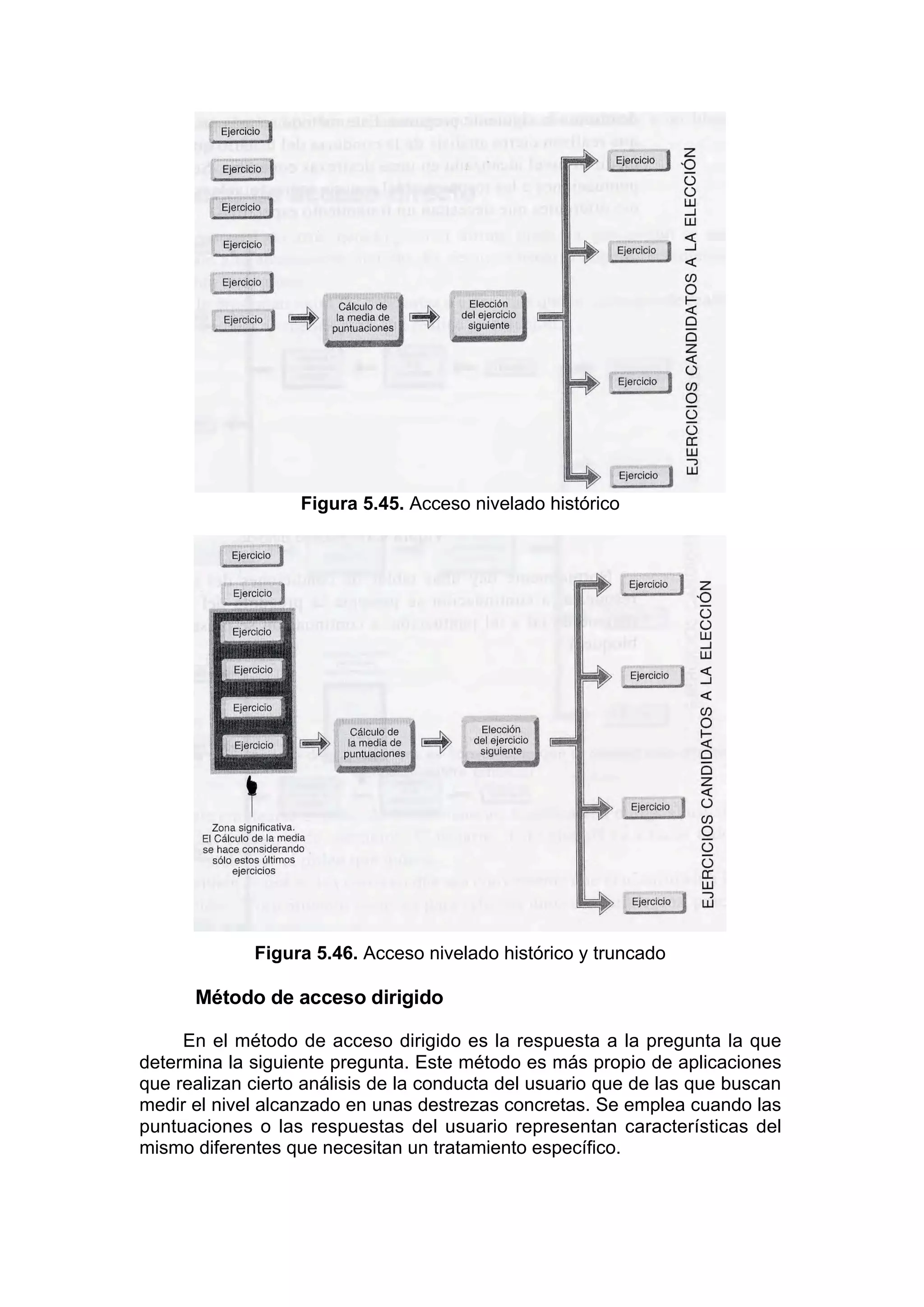 Figura 5.45. Acceso nivelado histórico




             Figura 5.46. Acceso nivelado histórico y truncado

      Método de acceso dirigido

     En el método de acceso dirigido es la respuesta a la pregunta la que
determina la siguiente pregunta. Este método es más propio de aplicaciones
que realizan cierto análisis de la conducta del usuario que de las que buscan
medir el nivel alcanzado en unas destrezas concretas. Se emplea cuando las
puntuaciones o las respuestas del usuario representan características del
mismo diferentes que necesitan un tratamiento específico.
 