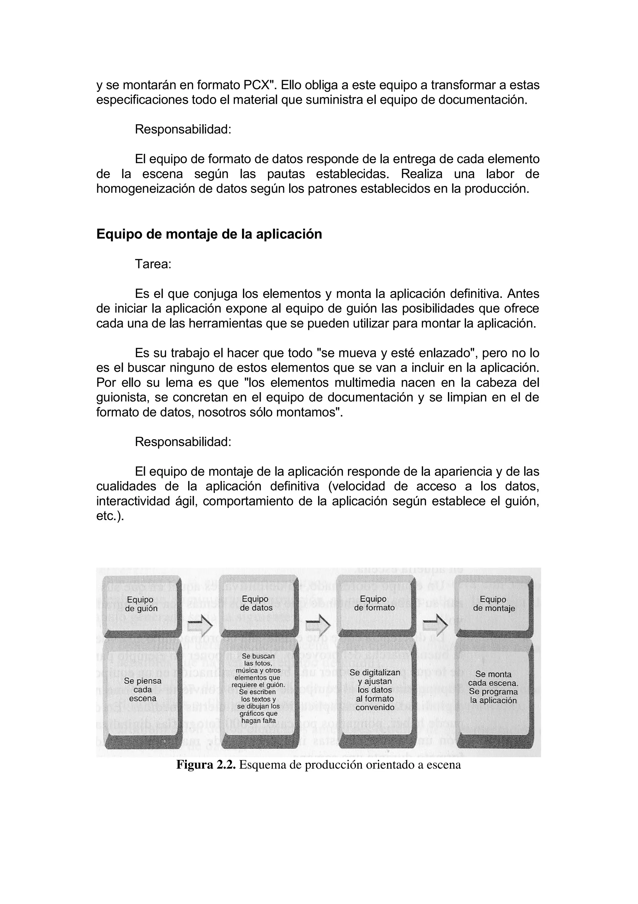 y se montarán en formato PCX". Ello obliga a este equipo a transformar a estas
especificaciones todo el material que suministra el equipo de documentación.

      Responsabilidad:

     El equipo de formato de datos responde de la entrega de cada elemento
de la escena según las pautas establecidas. Realiza una labor de
homogeneización de datos según los patrones establecidos en la producción.


Equipo de montaje de la aplicación

      Tarea:

        Es el que conjuga los elementos y monta la aplicación definitiva. Antes
de iniciar la aplicación expone al equipo de guión las posibilidades que ofrece
cada una de las herramientas que se pueden utilizar para montar la aplicación.

       Es su trabajo el hacer que todo "se mueva y esté enlazado", pero no lo
es el buscar ninguno de estos elementos que se van a incluir en la aplicación.
Por ello su lema es que "los elementos multimedia nacen en la cabeza del
guionista, se concretan en el equipo de documentación y se limpian en el de
formato de datos, nosotros sólo montamos".

      Responsabilidad:

       El equipo de montaje de la aplicación responde de la apariencia y de las
cualidades de la aplicación definitiva (velocidad de acceso a los datos,
interactividad ágil, comportamiento de la aplicación según establece el guión,
etc.).




               Figura 2.2. Esquema de producción orientado a escena
 