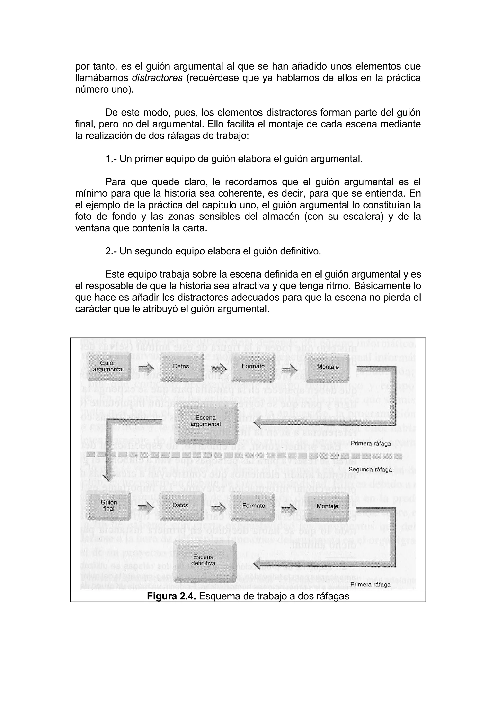 por tanto, es el guión argumental al que se han añadido unos elementos que
llamábamos distractores (recuérdese que ya hablamos de ellos en la práctica
número uno).

        De este modo, pues, los elementos distractores forman parte del guión
final, pero no del argumental. Ello facilita el montaje de cada escena mediante
la realización de dos ráfagas de trabajo:

       1.- Un primer equipo de guión elabora el guión argumental.

       Para que quede claro, le recordamos que el guión argumental es el
mínimo para que la historia sea coherente, es decir, para que se entienda. En
el ejemplo de la práctica del capítulo uno, el guión argumental lo constituían la
foto de fondo y las zonas sensibles del almacén (con su escalera) y de la
ventana que contenía la carta.

       2.- Un segundo equipo elabora el guión definitivo.

       Este equipo trabaja sobre la escena definida en el guión argumental y es
el resposable de que la historia sea atractiva y que tenga ritmo. Básicamente lo
que hace es añadir los distractores adecuados para que la escena no pierda el
carácter que le atribuyó el guión argumental.




                Figura 2.4. Esquema de trabajo a dos ráfagas
 