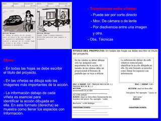 - Transiciones entre viñetas:
                                          - Puede ser por corte directo
                                          - Mov. De cámara o de lente
                                          - Por disolvencia entre una imagen
                                            y otra.
                                         - Obs. Técnicas




Otros:

- En todas las hojas se debe escribir
el titulo del proyecto.

- En las viñetas se dibuja solo las
imágenes más importantes de la acción.

- La información debajo de cada
viñeta es esencial para
identificar la acción dibujada en
ella. En este formato (derecha) se
muestra como llenar los espacios con
Información.
 