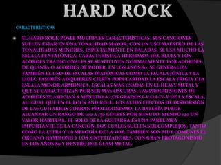 CARACTERISTICAS
 EL HARD ROCK POSEE MÚLTIPLES CARACTERÍSTICAS. SUS CANCIONES
SUELEN ESTAR EN UNA TONALIDAD MAYOR, CON UN USO MAESTRO DE LAS
TONALIDADES MENORES, ESPECIALMENTE EN BALADAS. SE USA MUCHO LA
ESCALA PENTATÓNICA, CARACTERÍSTICA HEREDADA DEL BLUES Y LOS
ACORDES TRADICIONALES SE SUSTITUYEN NORMALMENTE POR ACORDES
DE QUINTA O ACORDES DE PODER. EN LOS AÑOS 80, SE GENERALIZA
TAMBIÉN EL USO DE ESCALAS DIATÓNICAS COMO LA ESCALA JÓNICA Y LA
LIDIA. TAMBIÉN ADQUIEREN CIERTA POPULARIDAD LA ESCALA FRIGIA Y LA
ESCALA MENOR ARMÓNICA, ESCALAS MÁS USADAS EN EL HEAVY METAL Y
QUE SE CARACTERIZAN POR SER MÁS OSCURAS. LAS PROGRESIONES DE
ACORDES SE ASOCIAN A MENUDO A LOS GRADOS I-V O I-IV-V DE LA ESCALA,
AL IGUAL QUE EN EL ROCK AND ROLL. LOS ALTOS EFECTOS DE DISTORSIÓN
DE LAS GUITARRAS COBRAN PROTAGONISMO, LA BATERÍA PUEDE
ALCANZAR UN RANGO DE 100 A 150 GOLPES POR MINUTO, SIENDO 120 UN
VALOR HABITUAL. EL SOLO DE LA GUITARRA ES UNA PARTE MUY
IMPORTANTE DE LA CANCIÓN, LOS CUALES SUELEN SER COMPLEJOS, TANTO
COMO LA LETRA Y LA MELODÍA DE LA VOZ. TAMBIÉN SON MUY COMUNES EL
ÓRGANO HAMMOND Y LOS SINTETIZADORES, CON GRAN PROTAGONISMO
EN LOS AÑOS 80 Y DENTRO DEL GLAM METAL.
 