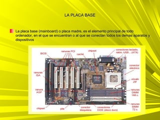 LA PLACA BASE


La placa base (mainboard) o placa madre, es el elemento principal de todo
ordenador, en el que se encuentran o al que se conectan todos los demas aparatos y
dispositivos
 