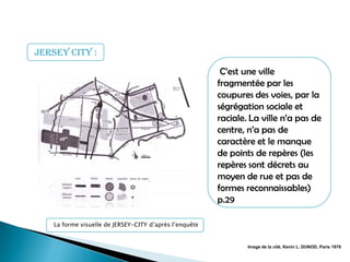 C’est une ville
fragmentée par les
coupures des voies, par la
ségrégation sociale et
raciale. La ville n’a pas de
centre, n’a pas de
caractère et le manque
de points de repères (les
repères sont décrets au
moyen de rue et pas de
formes reconnaissables)
p.29
La forme visuelle de JERSEY-CITY d’après l’enquête
jersey City :
Image de la cité, Kevin L. DUNOD, Paris 1976
 