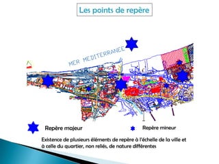 Les points de repère
Existence de plusieurs éléments de repère à l’échelle de la ville et
à celle du quartier, non reliés, de nature différentes
Repère majeur Repère mineur
 
