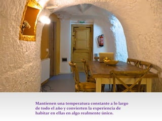 Mantienen una temperatura constante a lo largo
de todo el año y convierten la experiencia de
habitar en ellas en algo realmente único.

 