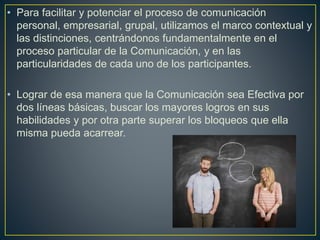 • Para facilitar y potenciar el proceso de comunicación
personal, empresarial, grupal, utilizamos el marco contextual y
la...