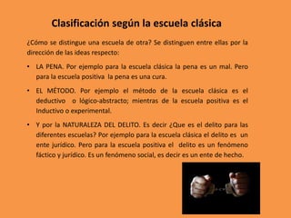 Clasificación según la escuela clásica
¿Cómo se distingue una escuela de otra? Se distinguen entre ellas por la
dirección de las ideas respecto:
• LA PENA. Por ejemplo para la escuela clásica la pena es un mal. Pero
para la escuela positiva la pena es una cura.
• EL MÉTODO. Por ejemplo el método de la escuela clásica es el
deductivo o lógico-abstracto; mientras de la escuela positiva es el
Inductivo o experimental.
• Y por la NATURALEZA DEL DELITO. Es decir ¿Que es el delito para las
diferentes escuelas? Por ejemplo para la escuela clásica el delito es un
ente jurídico. Pero para la escuela positiva el delito es un fenómeno
fáctico y jurídico. Es un fenómeno social, es decir es un ente de hecho.
 