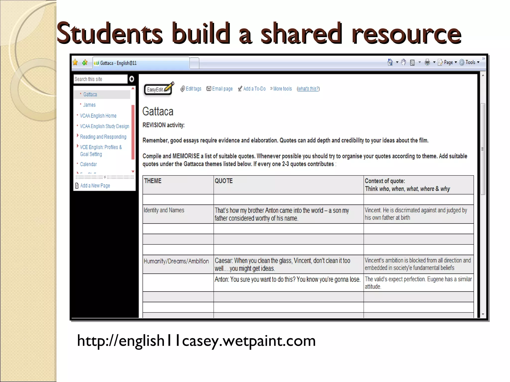 Students build a shared resource http://english11casey.wetpaint.com 