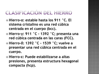 Clasificación del hierroHierro-α: estable hasta los 911 °C. El sistema cristalino es una red cúbica centrada en el cuerpo (bcc).Hierro-γ: 911 °C - 1392 °C; presenta una red cúbica centrada en las caras (FCC).Hierro-δ: 1392 °C - 1539 °C; vuelve a presentar una red cúbica centrada en el cuerpo.Hierro-ε: Puede estabilizarse a altas presiones, presenta estructura hexagonal compacta (hcp).