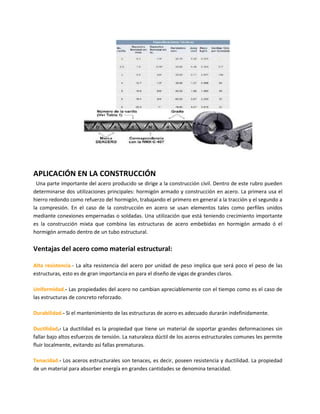 APLICACIÓN EN LA CONSTRUCCIÓN
Una parte importante del acero producido se dirige a la construcción civil. Dentro de este rubro pueden
determinarse dos utilizaciones principales: hormigón armado y construcción en acero. La primera usa el
hierro redondo como refuerzo del hormigón, trabajando el primero en general a la tracción y el segundo a
la compresión. En el caso de la construcción en acero se usan elementos tales como perfiles unidos
mediante conexiones empernadas o soldadas. Una utilización que está teniendo crecimiento importante
es la construcción mixta que combina las estructuras de acero embebidas en hormigón armado ó el
hormigón armado dentro de un tubo estructural.
Ventajas del acero como material estructural:
Alta resistencia.- La alta resistencia del acero por unidad de peso implica que será poco el peso de las
estructuras, esto es de gran importancia en para el diseño de vigas de grandes claros.
Uniformidad.- Las propiedades del acero no cambian apreciablemente con el tiempo como es el caso de
las estructuras de concreto reforzado.
Durabilidad.- Si el mantenimiento de las estructuras de acero es adecuado durarán indefinidamente.
Ductilidad.- La ductilidad es la propiedad que tiene un material de soportar grandes deformaciones sin
fallar bajo altos esfuerzos de tensión. La naturaleza dúctil de los aceros estructurales comunes les permite
fluir localmente, evitando así fallas prematuras.
Tenacidad.- Los aceros estructurales son tenaces, es decir, poseen resistencia y ductilidad. La propiedad
de un material para absorber energía en grandes cantidades se denomina tenacidad.
 