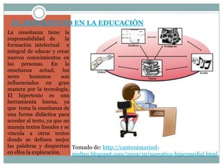 EL HIPERTEXTO EN LA EDUCACIÓN
La enseñanza tiene la
responsabilidad de         la
formación intelectual e
integral de educar y crear
nuevos conocimientos en
las personas. En la
enseñanza actual, los
seres      humanos       son
influenciados en gran
manera por la tecnología.
El hipertexto es una
herramienta buena, ya
que toma la enseñanza de
una forma didáctica para
acceder al texto, ya que no
maneja textos lineales y se
vincula a otros textos
donde se definen mejor
las palabras y despiertan Tomado de: http://cantonimarisol-
en ellos la exploración.      imdtp1.blogspot.com/2010/10/narrativa-hipermedial.html
 