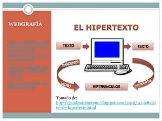 WEBGRAFÍA


http://es.slideshare.net/i
sarespo01/ensayo-crtico-
sobre-el-uso-del-
hipertexto-en-la-escuela-
y-la-universidad

https://es.wikipedia.org/
wiki/Nodo_(inform%C3
%A1tica)

http://www.eduteka.org/
Hipertexto1.php


                             Tomado de:
                             http://yandrademoreno.blogspot.com/2010/11/definici
                             on-de-hipertexto.html
 