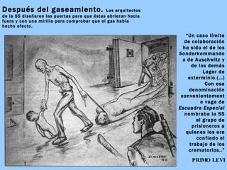 Después del gaseamiento.  Los arquitectos de la SS diseñaron las puertas para que éstas abrieran hacia fuera y con una mirilla para comprobar que el gas había hecho efecto. “ Un caso límite de colaboración ha sido el de los  Sonderkommandos  de Auschwitz y de los demás Lager de exterminio.(…) Con esa denominación convenientemente vaga de  Escuadra Especial  nombraba la SS al grupo de prisioneros a quienes les era confiado el trabajo de los crematorios..” PRIMO LEVI 