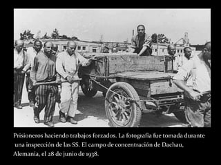 Prisioneros haciendo trabajos forzados. La fotografía fue tomada durante
una inspección de las SS. El campo de concentración de Dachau,
Alemania, el 28 de junio de 1938.
 