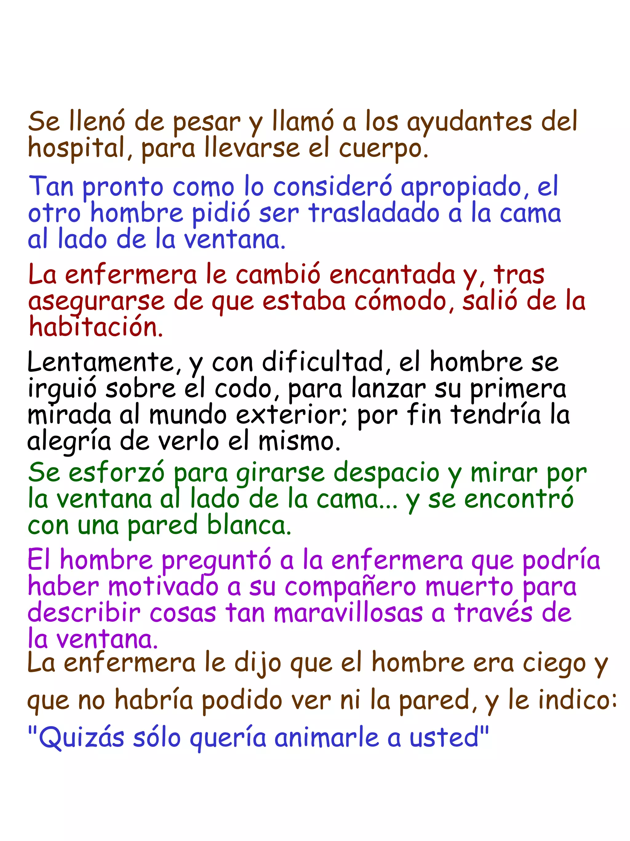 Tan pronto como lo consideró apropiado, el  otro hombre pidió ser trasladado a la cama  al lado de la ventana. La enfermera le cambió encantada y, tras  asegurarse de que estaba cómodo, salió de la  habitación. Lentamente, y con dificultad, el hombre se  irguió sobre el codo, para lanzar su primera  mirada al mundo exterior; por fin tendría la  alegría de verlo el mismo. Se esforzó para girarse despacio y mirar por  la ventana al lado de la cama... y se encontró  con una pared blanca. El hombre preguntó a la enfermera que podría  haber motivado a su compañero muerto para  describir cosas tan maravillosas a través de  la ventana. La enfermera le dijo que el hombre era ciego y  que no habría podido ver ni la pared, y le indico: "Quizás sólo quería animarle a usted" Se llenó de pesar y llamó a los ayudantes del  hospital, para llevarse el cuerpo. 