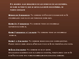 Menos de 3 segundos :  Tu cerebro está excepcionalmente más  desarrollado que el de las personas normales. Entre 3 y 7 segundos :  Tu cerebro tiene un desarrollo  superior al normal. Entre 7 segundos y 1 minuto :  Tu cerebro tiene un desarrollo normal. Entre 1 y 3 minutos :  Tu cerebro reacciona con cierta lentitud.  Puede ser de gran ayuda añadir un poco más de proteína a tu dieta. Más de 3 minutos :  Tu cerebro es muy lento.  Una buena sugerencia es el ejercicio mental, practicando con más  diseños de este tipo para desarrollar esta zona del cerebro. De acuerdo a los resultados de los estudios de los expertos, en base al tiempo que le lleva a la gente encontrarlo, se puede concluir: 