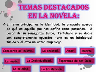  El tema principal es la identidad, la pregunta acerca
  de qué es aquello que nos define como personas. A
  pesar de su semejanza física, Tertuliano y su doble
  son completamente opuestos -uno es un intelectual
  tímido y el otro un actor mujeriego.

Conocerse así mismo.      La amistad.      Amor.    Muerte.


 La razón.     La Individualidad.    Esperanza de ser único.

      La soledad.        La frustración.
 