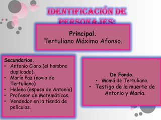 Principal.
                Tertuliano Máximo Afonso.


Secundarios.
• Antonio Claro (el hombre
  duplicado).
                                     De Fondo.
• María Paz (novia de
                                 • Mamá de Tertuliano.
  Tertuliano)
                               • Testigo de la muerte de
• Helena (esposa de Antonio)
• Profesor de Matemáticas.          Antonio y María.
• Vendedor en la tienda de
  películas.
 