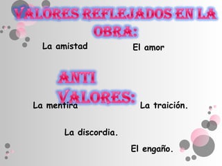 La amistad           El amor




La mentira               La traición.


       La discordia.
                       El engaño.
 