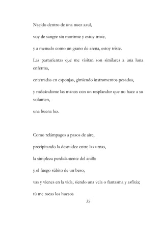 Nacido dentro de una nuez azul, 
voy de sangre sin morirme y estoy triste, 
y a menudo como un grano de arena, estoy triste. 
Las parturientas que me visitan son similares a una luna 
enferma, 
enterradas en esponjas, gimiendo instrumentos pesados, 
y rodeándome las manos con un resplandor que no hace a su 
volumen, 
una buena luz. 
Como relámpagos a pasos de aire, 
precipitando la desnudez entre las urnas, 
la simpleza perdidamente del anillo 
y el fuego súbito de un beso, 
vas y vienes en la vida, siendo una vela o fantasma y asfixia; 
tú me tocas los huesos 
35 
 