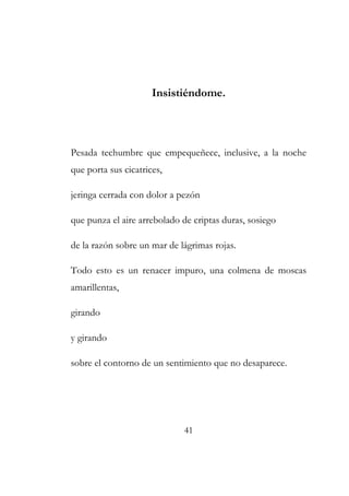 Insistiéndome. 
Pesada techumbre que empequeñece, inclusive, a la noche 
que porta sus cicatrices, 
jeringa cerrada con dolor a pezón 
que punza el aire arrebolado de criptas duras, sosiego 
de la razón sobre un mar de lágrimas rojas. 
Todo esto es un renacer impuro, una colmena de moscas 
amarillentas, 
girando 
y girando 
sobre el contorno de un sentimiento que no desaparece. 
41 
 