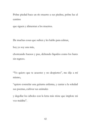 Pobre piedad hace un río muerto a sus piedras, pobre luz al 
camino 
que siguen y alimentan a los muertos. 
De muchas cosas que sufren y les hablo para calmar, 
hoy yo soy una más, 
chorreando huesos y pus, delirando líquidos como los bares 
sin regreso. 
“Yo quiero que te acuestes y no despiertes”, me dije a mí 
mismo, 
“quiero constelar una guitarra enferma, y cantar a la soledad 
sus poemas, cultivar sus animales 
y degollar los árboles con la letra más triste que implore mi 
voz maldita”. 
42 
 