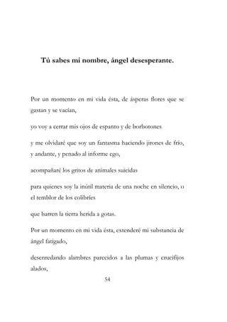 Tú sabes mi nombre, ángel desesperante. 
Por un momento en mi vida ésta, de ásperas flores que se 
gastan y se vacían, 
yo voy a cerrar mis ojos de espanto y de borbotones 
y me olvidaré que soy un fantasma haciendo jirones de frío, 
y andante, y penado al informe ego, 
acompañaré los gritos de animales suicidas 
para quienes soy la inútil materia de una noche en silencio, o 
el temblor de los colibríes 
que barren la tierra herida a gotas. 
Por un momento en mi vida ésta, extenderé mi substancia de 
ángel fatigado, 
desenredando alambres parecidos a las plumas y crucifijos 
alados, 
54 
 