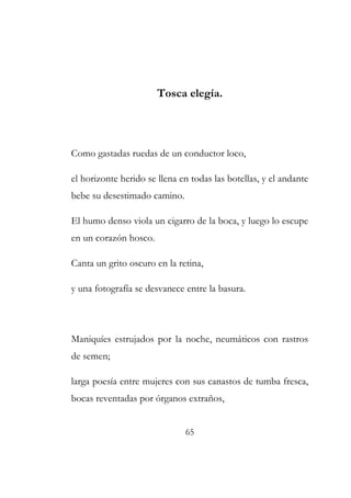 Tosca elegía. 
Como gastadas ruedas de un conductor loco, 
el horizonte herido se llena en todas las botellas, y el andante 
bebe su desestimado camino. 
El humo denso viola un cigarro de la boca, y luego lo escupe 
en un corazón hosco. 
Canta un grito oscuro en la retina, 
y una fotografía se desvanece entre la basura. 
Maniquíes estrujados por la noche, neumáticos con rastros 
de semen; 
larga poesía entre mujeres con sus canastos de tumba fresca, 
bocas reventadas por órganos extraños, 
65 
 