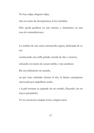 No hay culpa, ninguna culpa, 
sino un canto de desesperanza, la luz marchita. 
Sólo queda perderse en uno mismo, y lamentarse en una 
rosa de contradicciones. 
La sombra de una cama estremecida espera, deshojada de su 
ser, 
contrayendo una orilla peluda, crecida de alas y secretos, 
orinando un manto de oscura niebla y rojo atardecer. 
De una habitación sin mundo, 
un par tetas redondas tientan el aire, la blanca entrepierna 
atravesada por ampolletas azules 
y la piel restante se expande sin un sentido, fluyendo, sin un 
mayor preámbulo. 
Yo no reconozco ningún rostro, ningún amor. 
67 
 