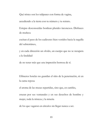 Qué tristes son los tulipanes con forma de vagina, 
accediendo a la tierra con tu número y tu retrato. 
Estepas desconocidas bordean plurales inconexos. Disfraces 
de muñeca 
excitan el paso de los cadáveres bien vestidos hacia la taquilla 
del subterráneo, 
y en cada dirección un olvido, un cuerpo que no se recupera 
a la fatalidad 
de no tener más que una impresión borrosa de sí. 
Efímeros hoteles no guardan el sitio de la penetración, ni en 
la cama reposa 
el aroma de las musas repartidas, sino que, en cambio, 
cruzan por sus ventanales y en sus desechos de hombre y 
mujer, toda la tristeza y la miseria 
de los que vagaron en círculos sin llegar nunca a ser. 
85 
 